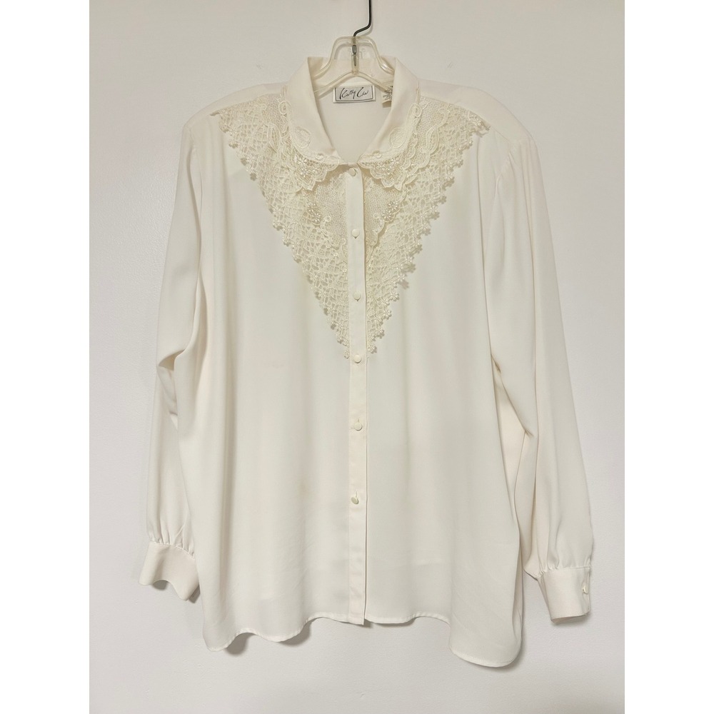Cathy Che Vintage Cream Lace Bib Beaded Pearl Button Down Blouse Plus Size 20W